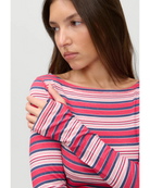 long sleeve boatneck strip shirt in red, cream and navy