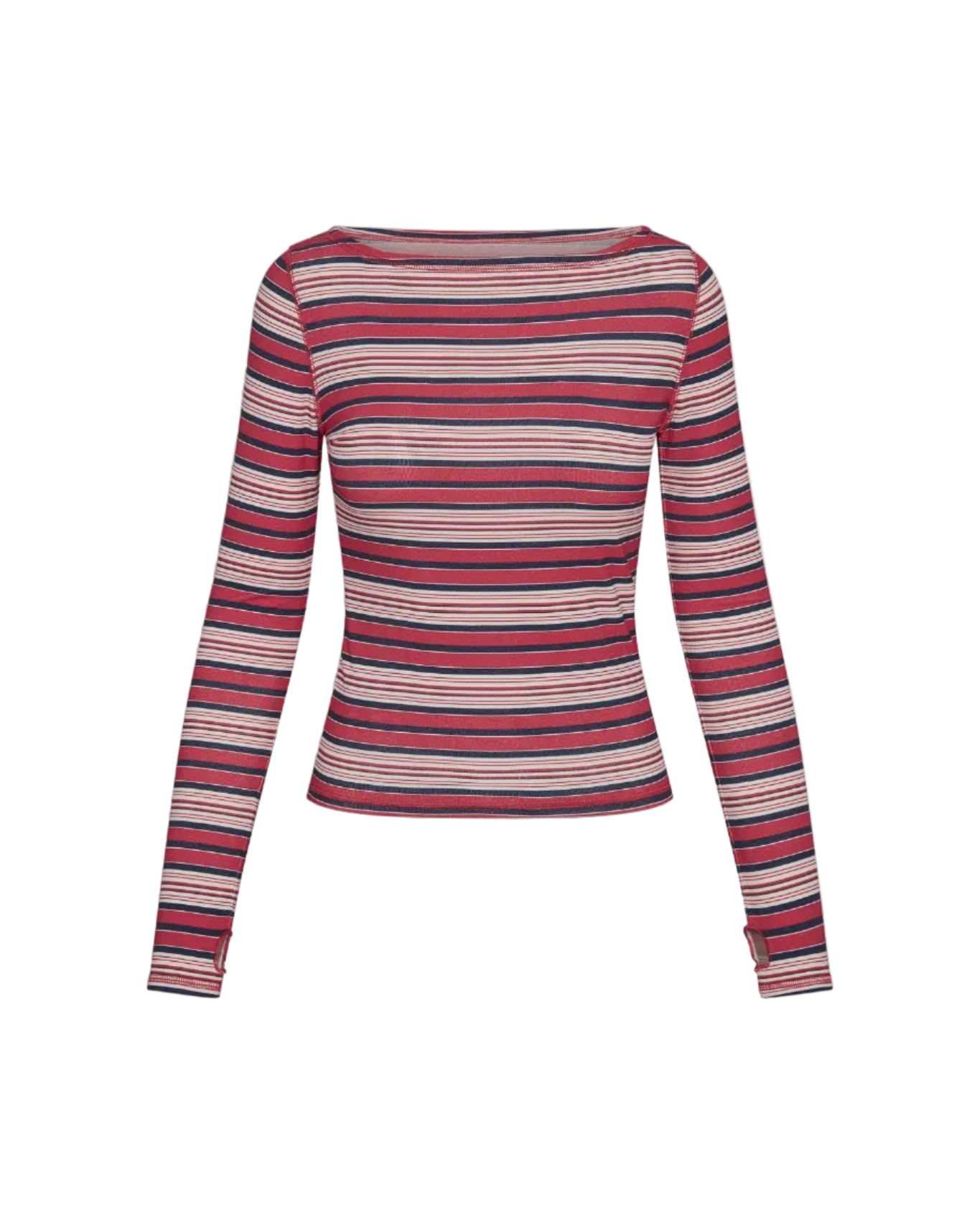 long sleeve boatneck strip shirt in red, cream and navy