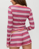 red, navy and cream striped shorts