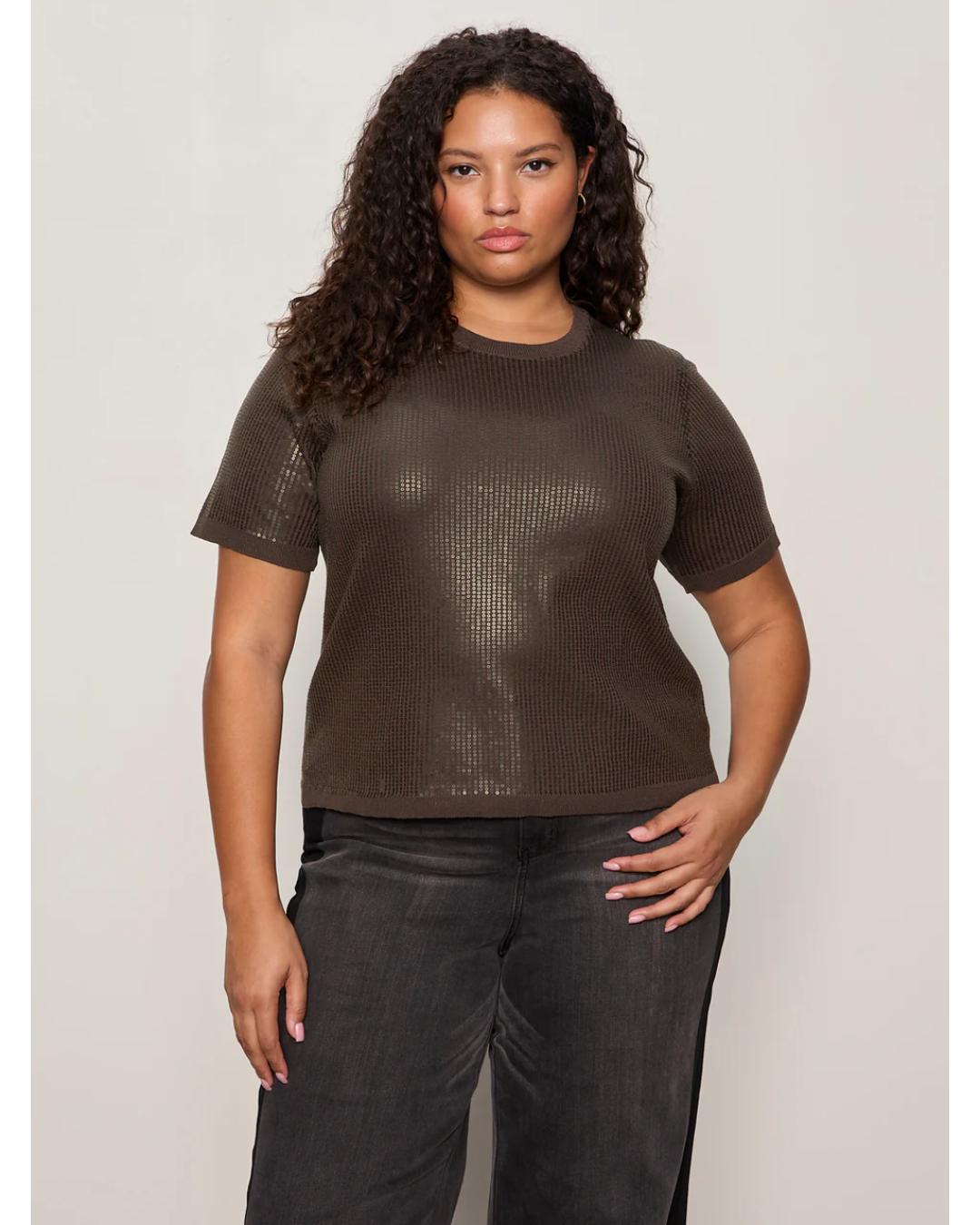 short sleeve brown sequin shirt