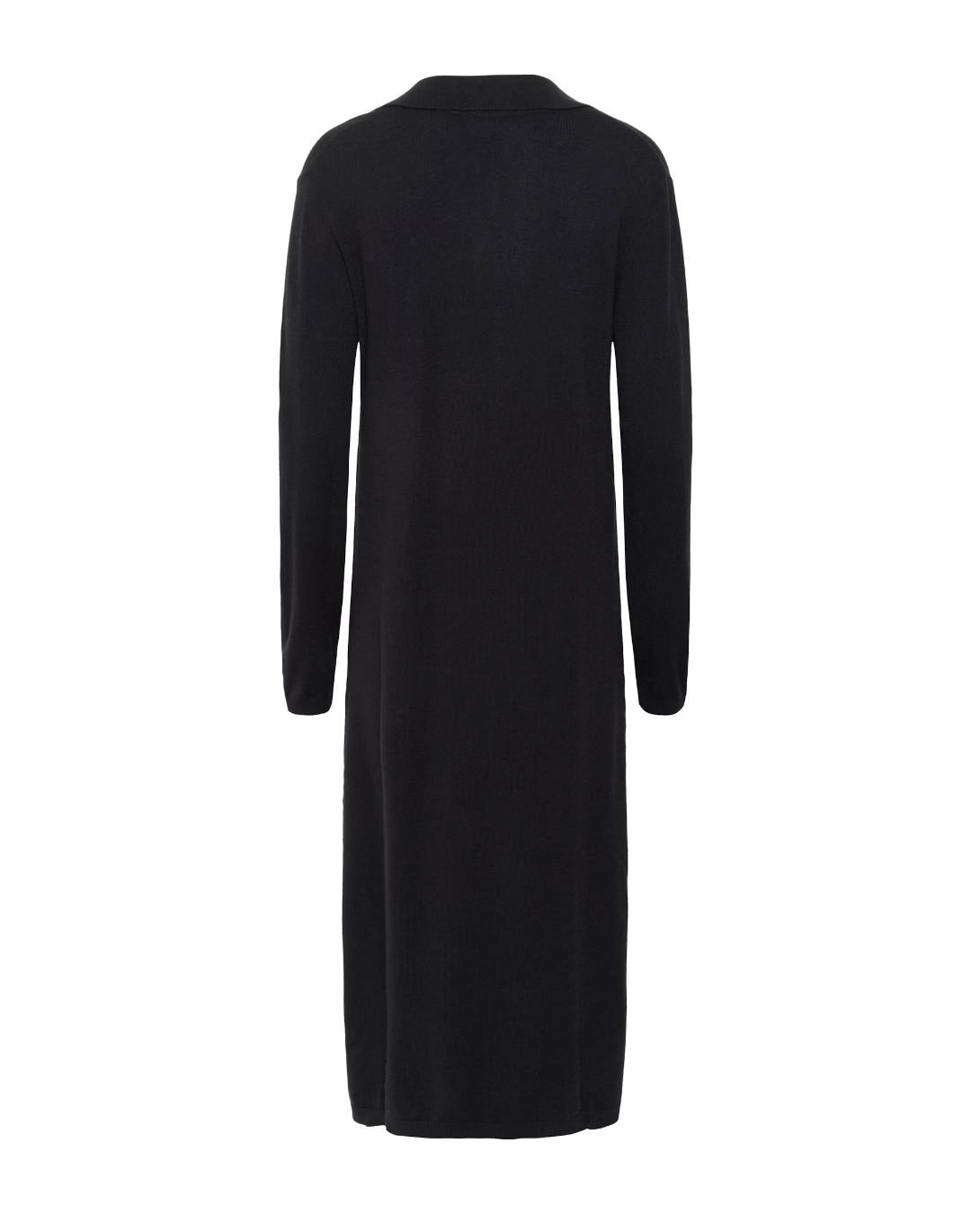 Woman wearing a black knit v neck dress