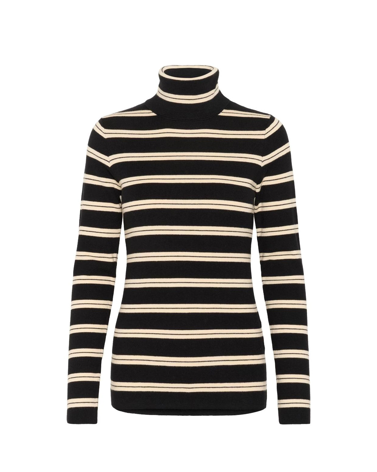 a striped black and cream turtleneck polo pullover sweater