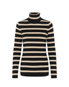 a striped black and cream turtleneck polo pullover sweater