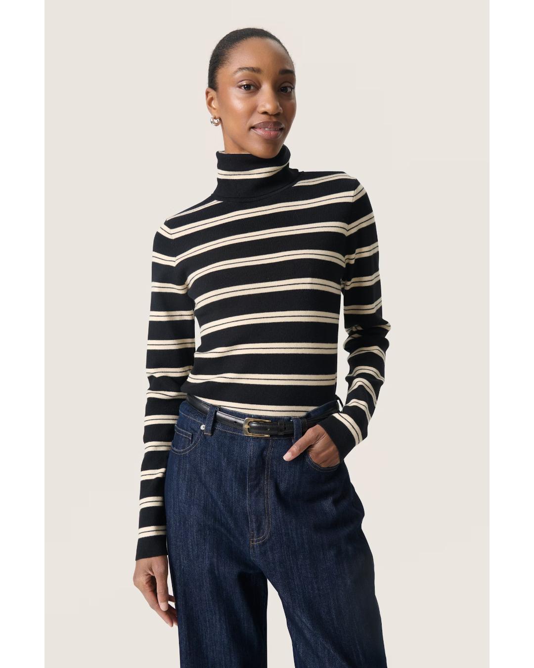black turtleneck with white stripes