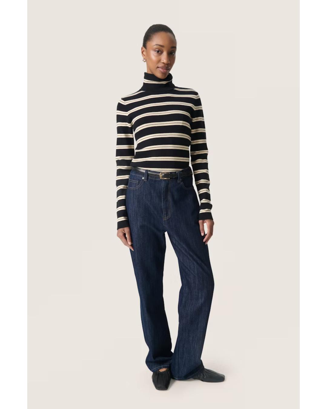 black turtleneck with white stripes