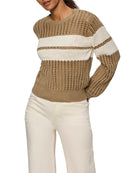 open knit sweater in dark green with a white stripe