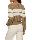 open knit sweater in dark green with a white stripe