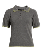 grey short sleeve polo with yellow detail on collar and bottom of sleeve