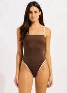 brown onepiece with white trim