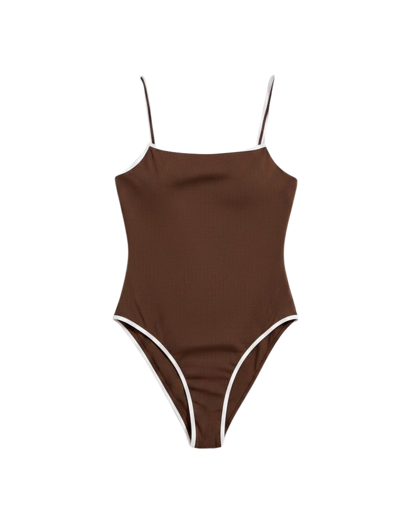 brown onepiece with white trim