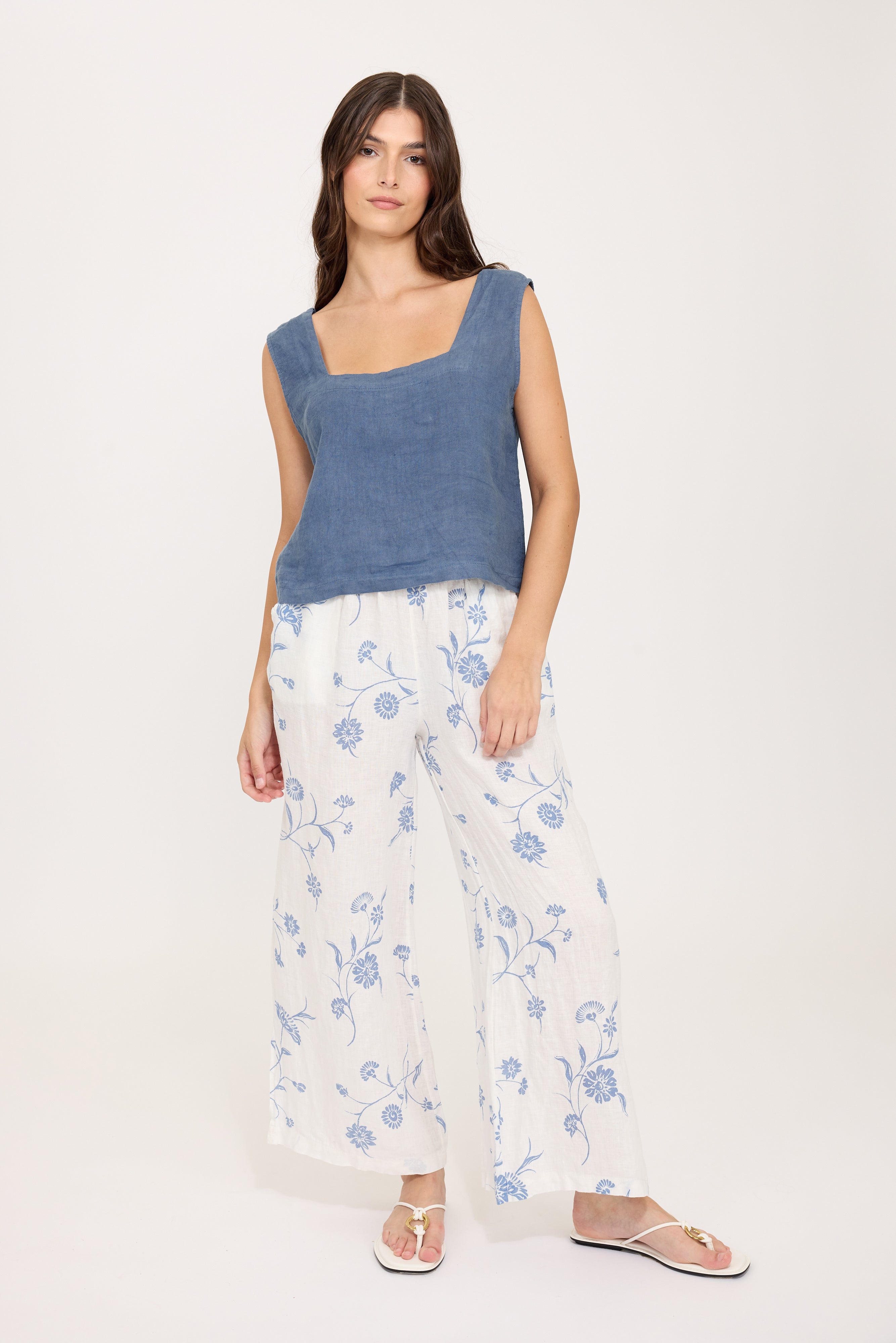 square neck linen tank top in blue