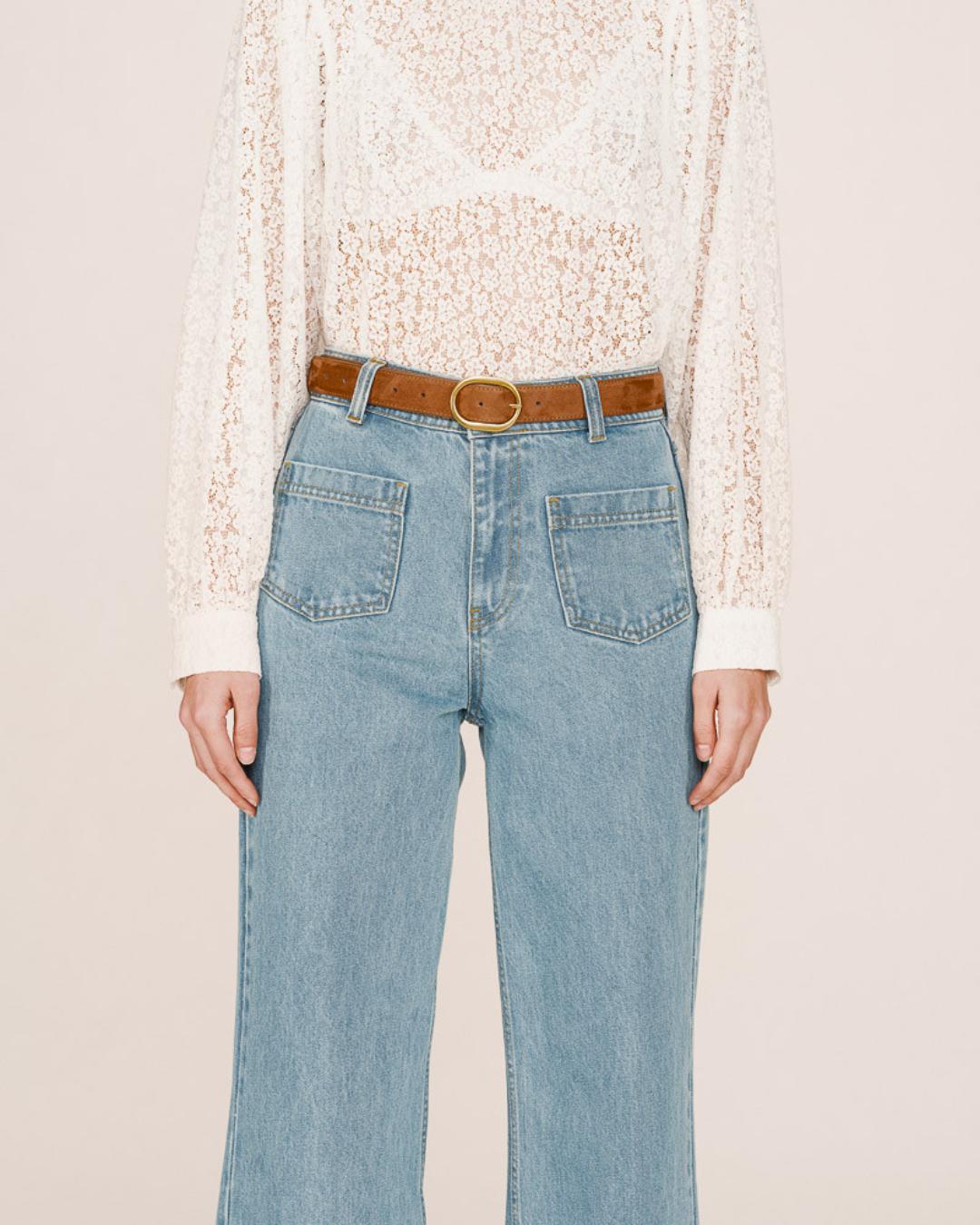 brown suede belt with gold buckle