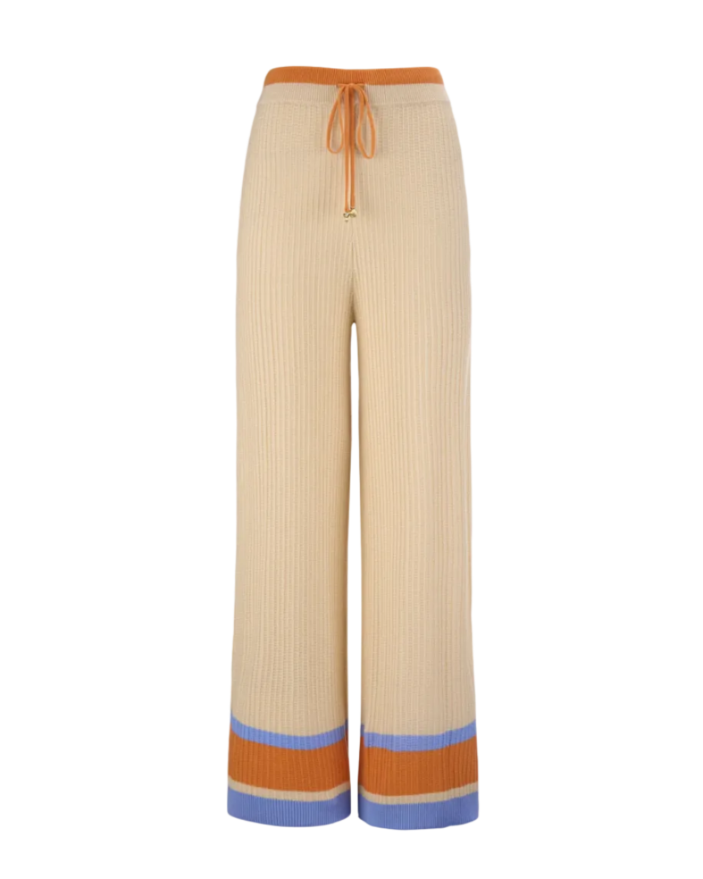 knit wide leg cream pants with orange and blue stripe on bottom