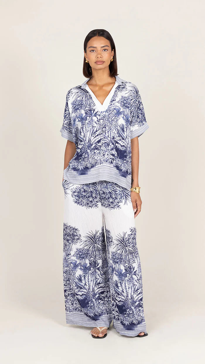 blue printed wide leg and top set