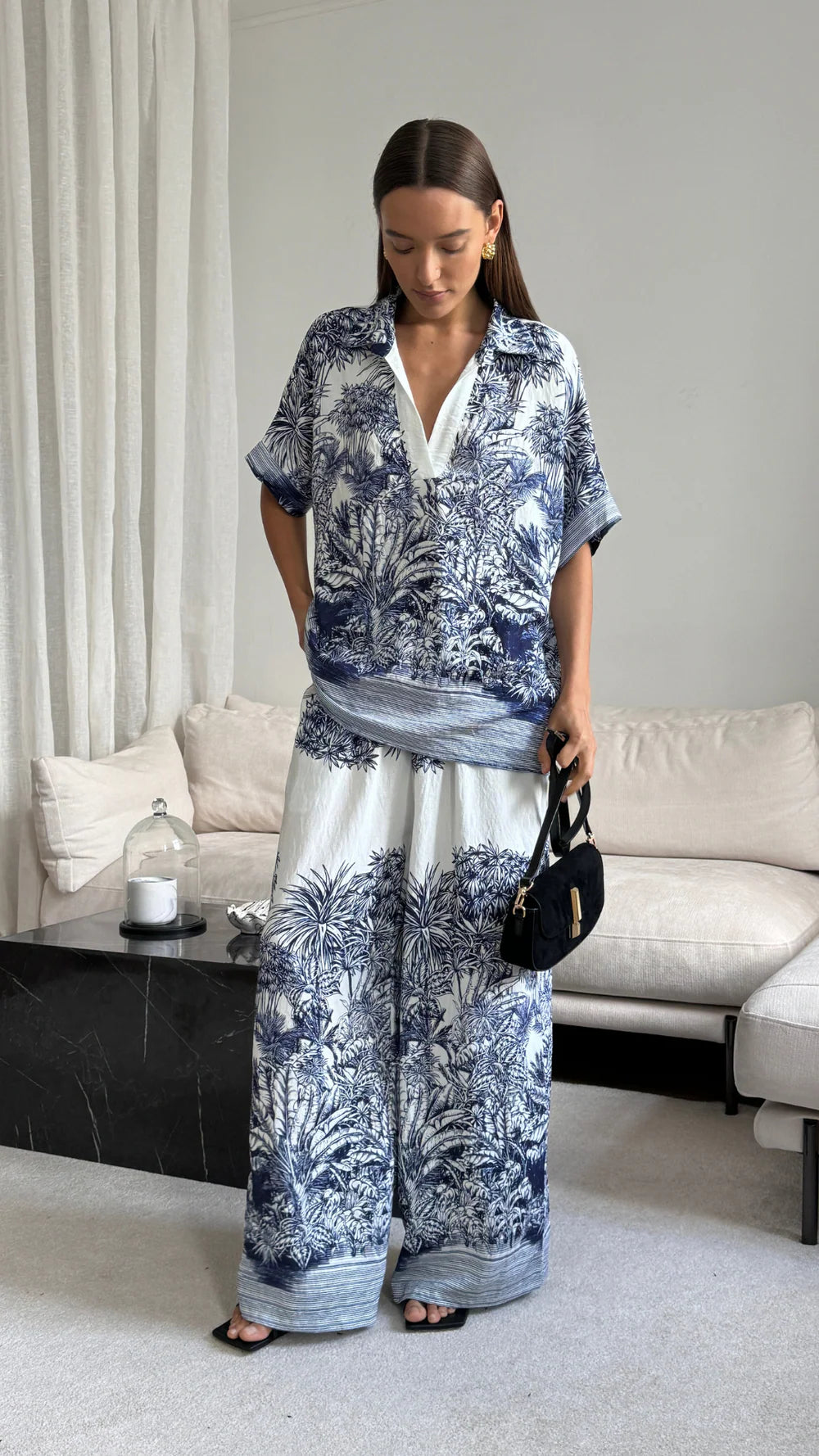 blue printed wide leg and top set