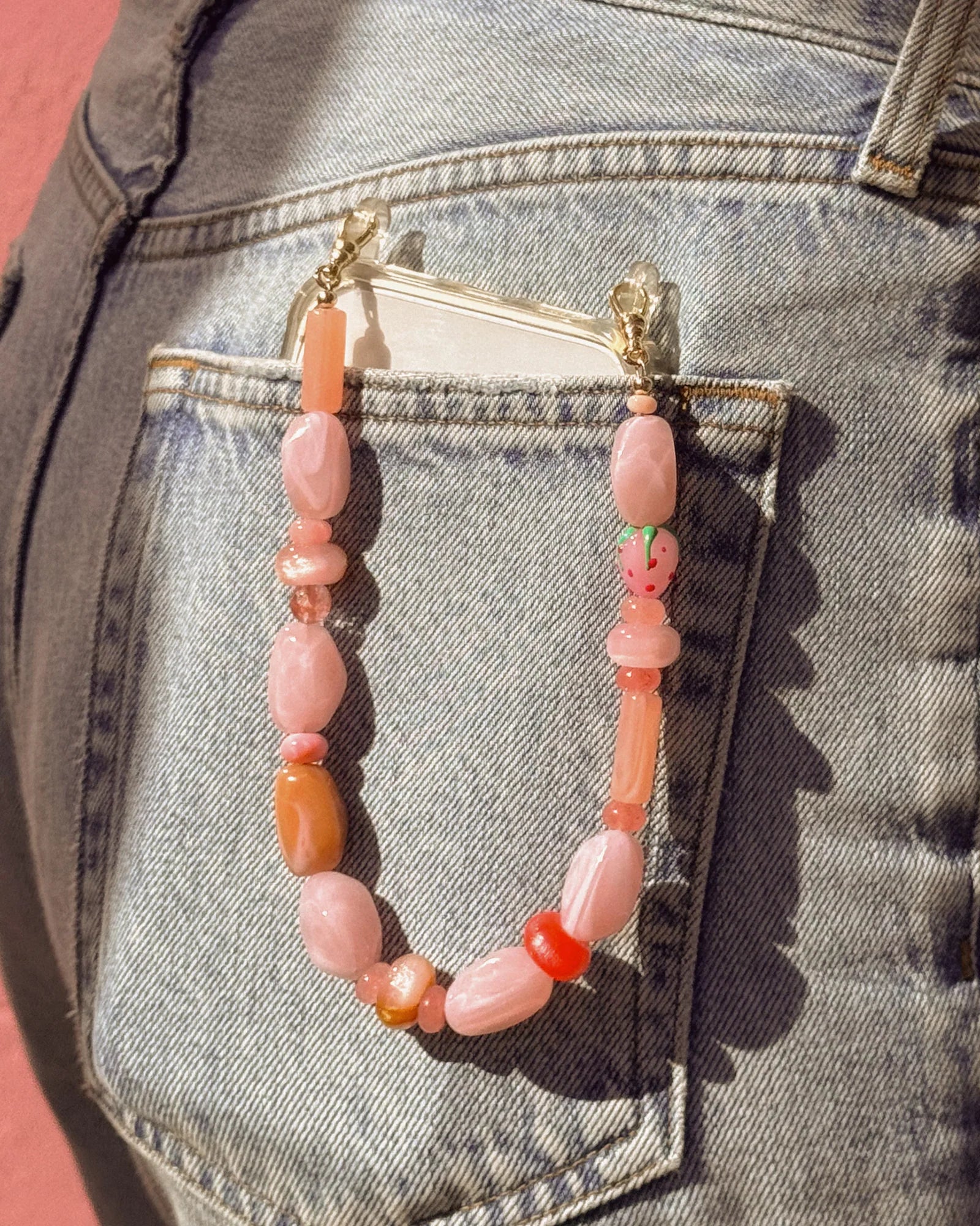 pink beaded wristlet for phone