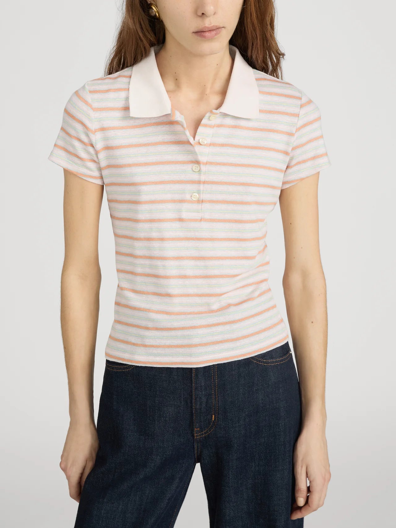pink striped short sleeve polo shirt