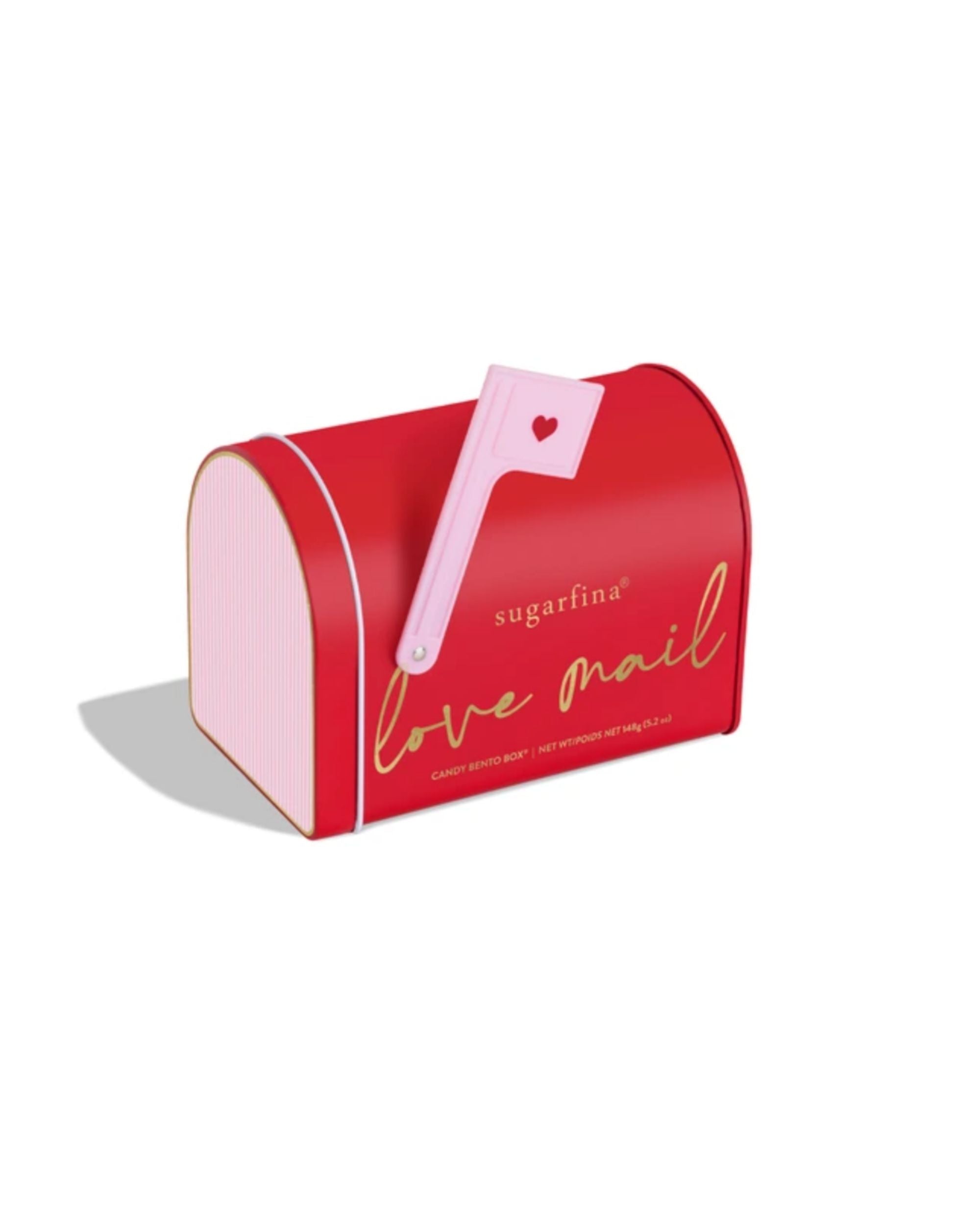 sugarfina 'love mail' candy box with pink brush and gummy candies on a white background
