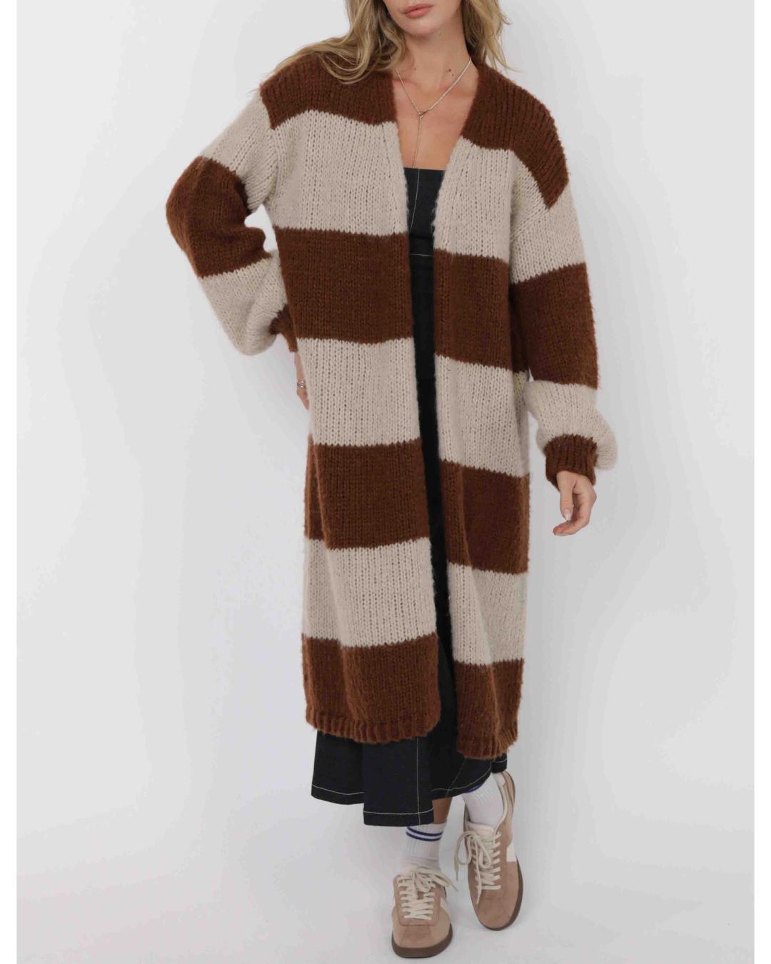 wide stripe long cardigan in brown