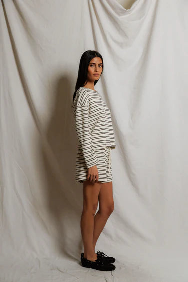 terry short in cream and brown stripe