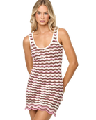 crochet dress in pink, cream and brown