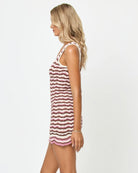crochet dress in pink, cream and brown