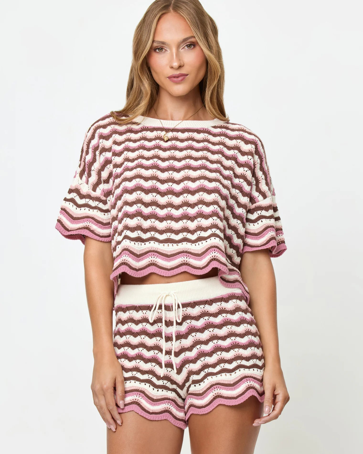 crochet top in pink, cream and brown