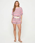 crochet short sleeve top in white and pink