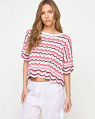 crochet short sleeve top in white and pink