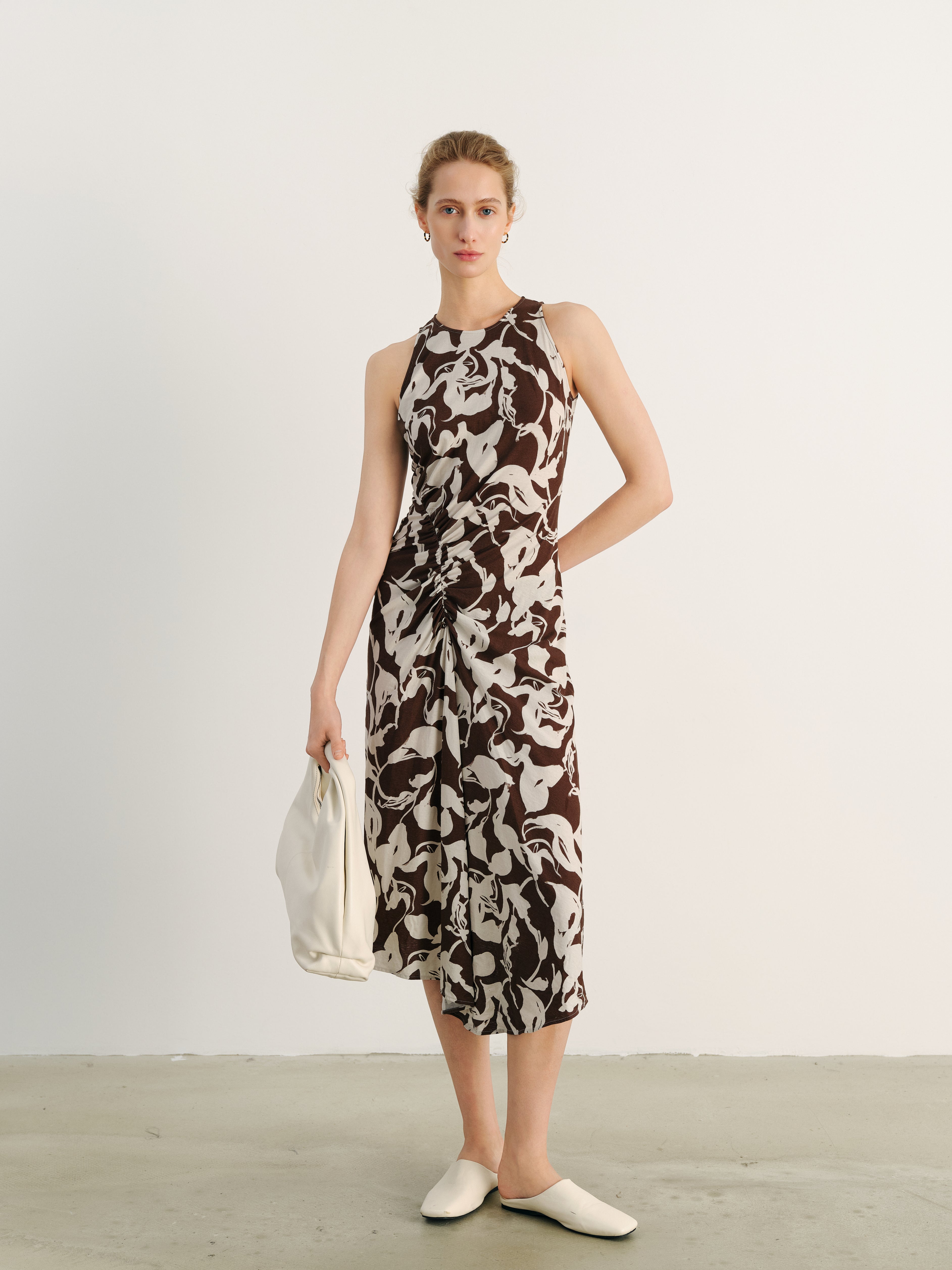 midi dress in brown and white patterns