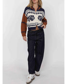 zip sweater with roses on the chest in cream, navy and brown