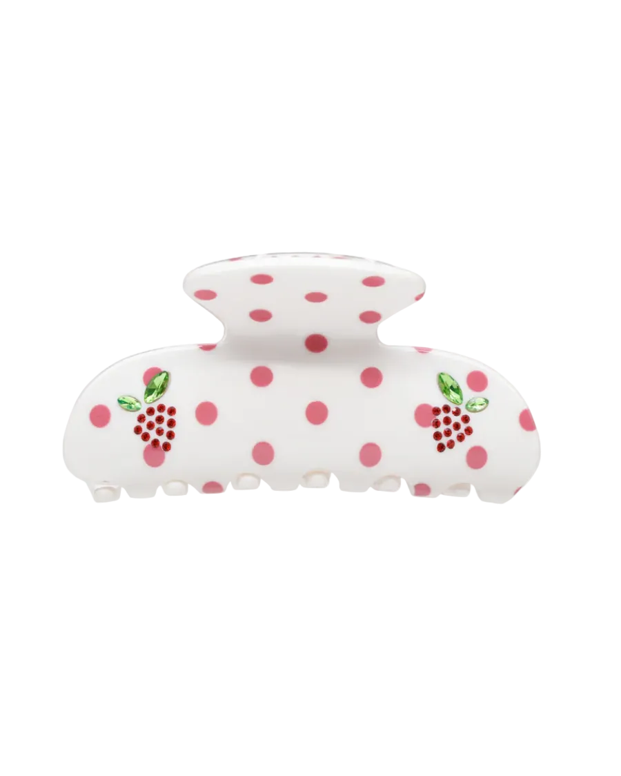 white claw clip with pink polka dots and jeweled strawberry design