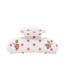white claw clip with pink polka dots and jeweled strawberry design