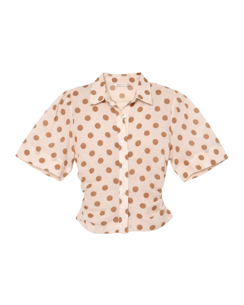 cream blouse with brown polka dots