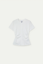 white t-shirt with cinched waist