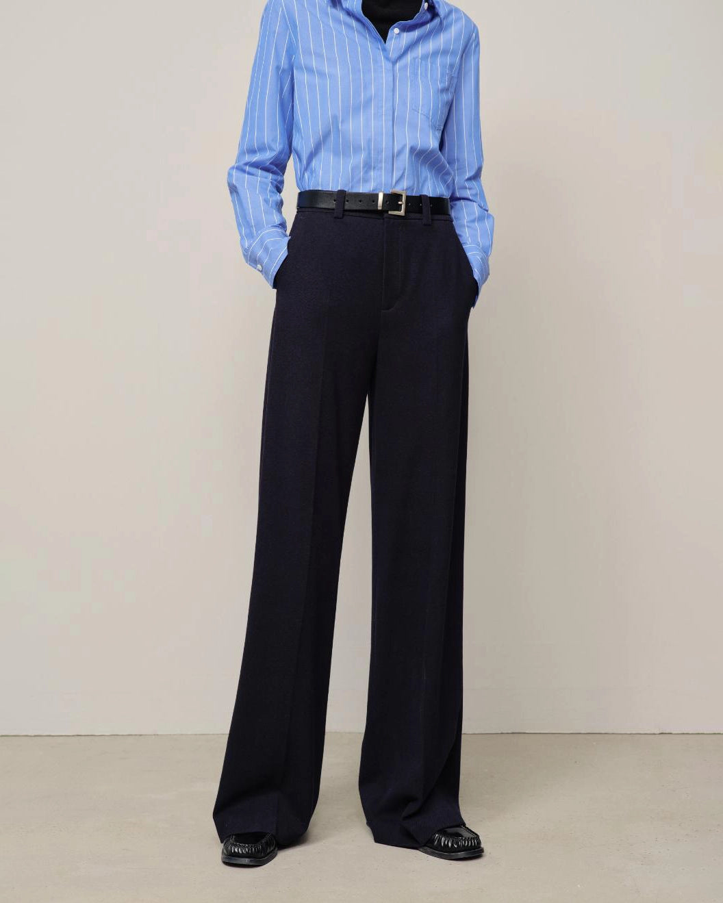 tailored navy pant with wide leg