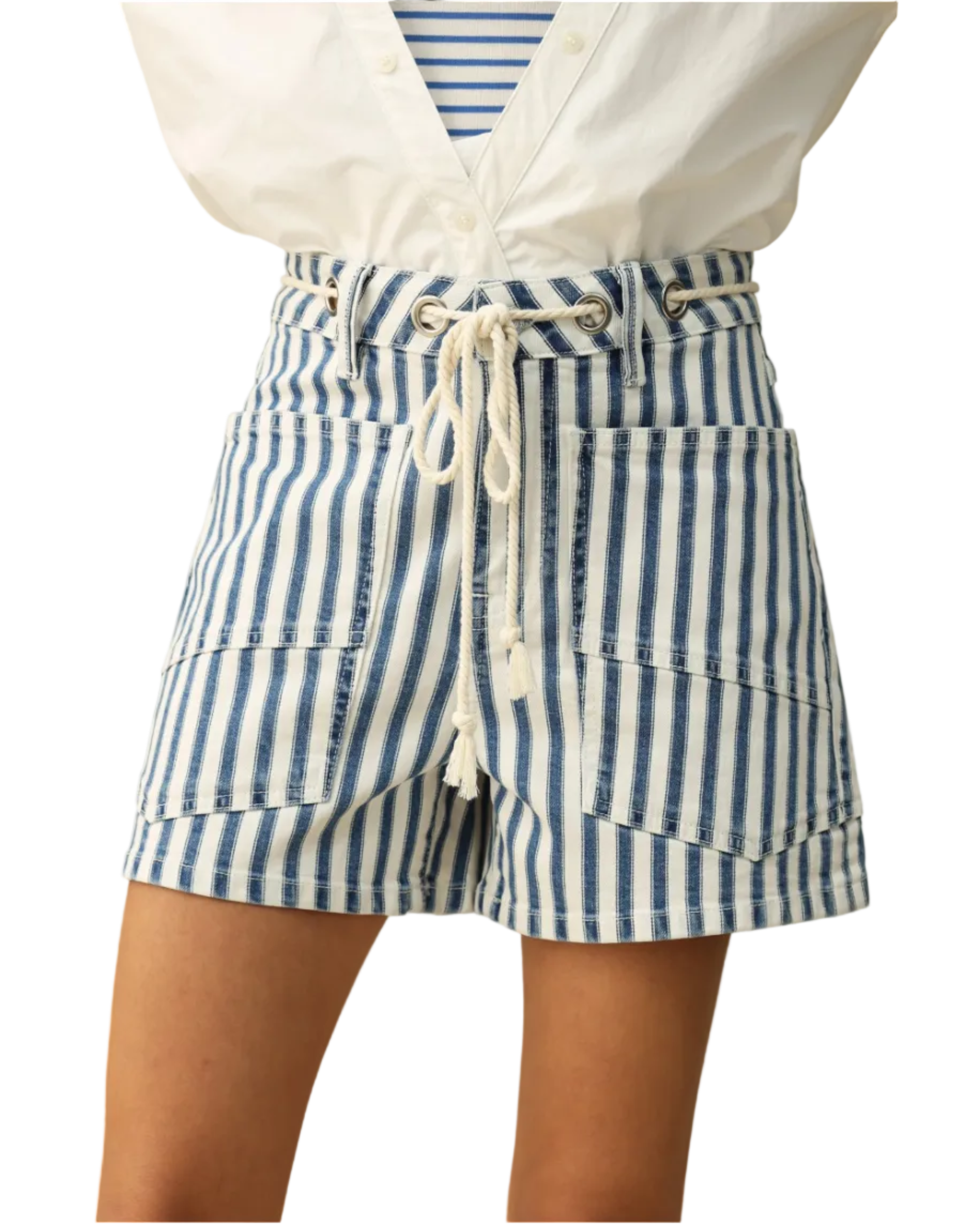 blue and white striped shorts with a rope drawstring 