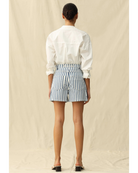 blue and white striped shorts with a rope drawstring 
