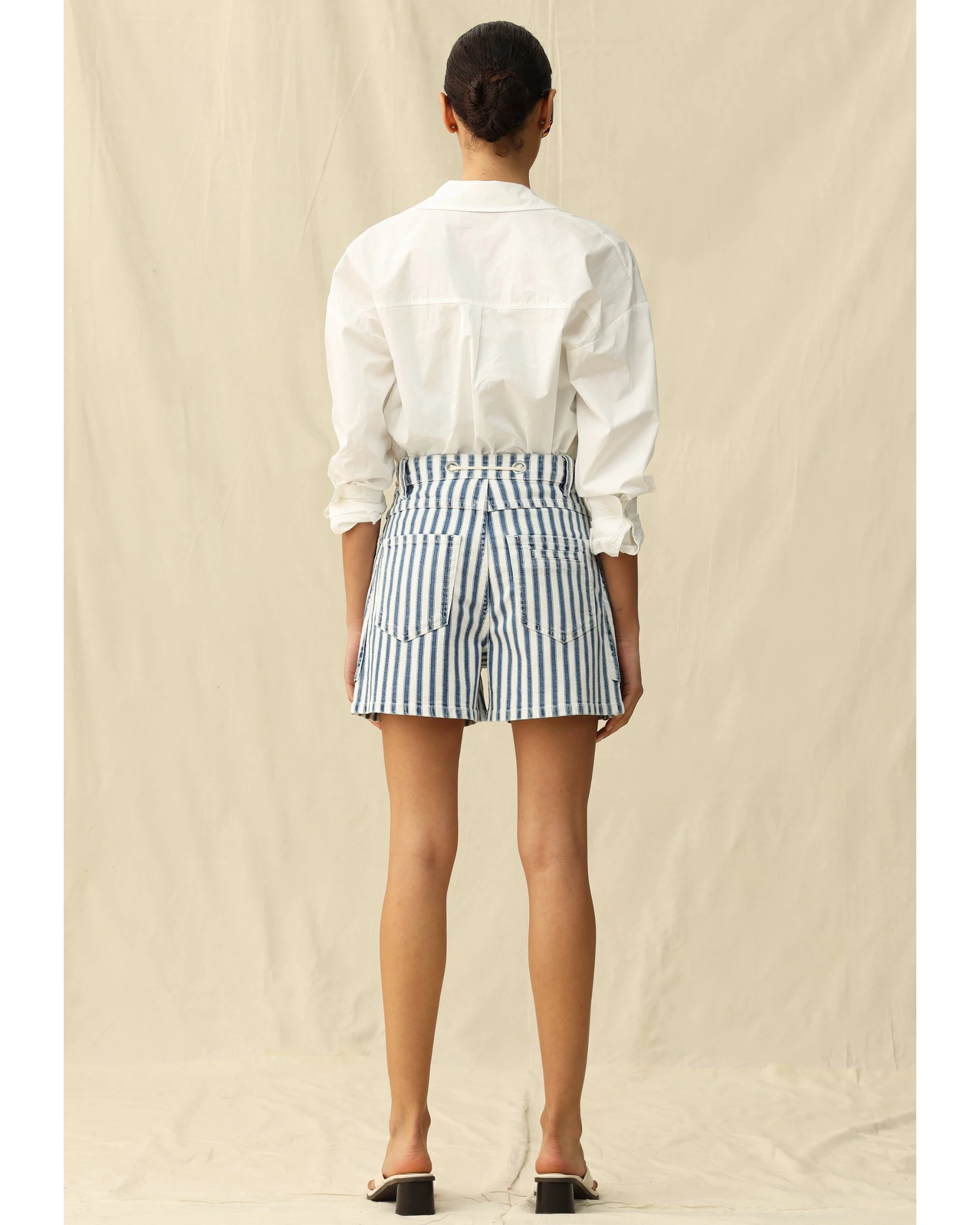 blue and white striped shorts with a rope drawstring 