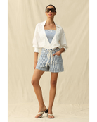 blue and white striped shorts with a rope drawstring 