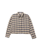 cropped button down plaid shirt in beige and navy