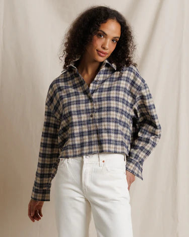 cropped button down plaid shirt in beige and navy