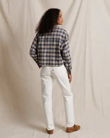 cropped button down plaid shirt in beige and navy