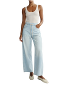light wash barrel jean with a drawstring