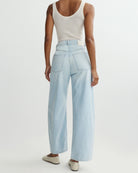 light wash barrel jean with a drawstring