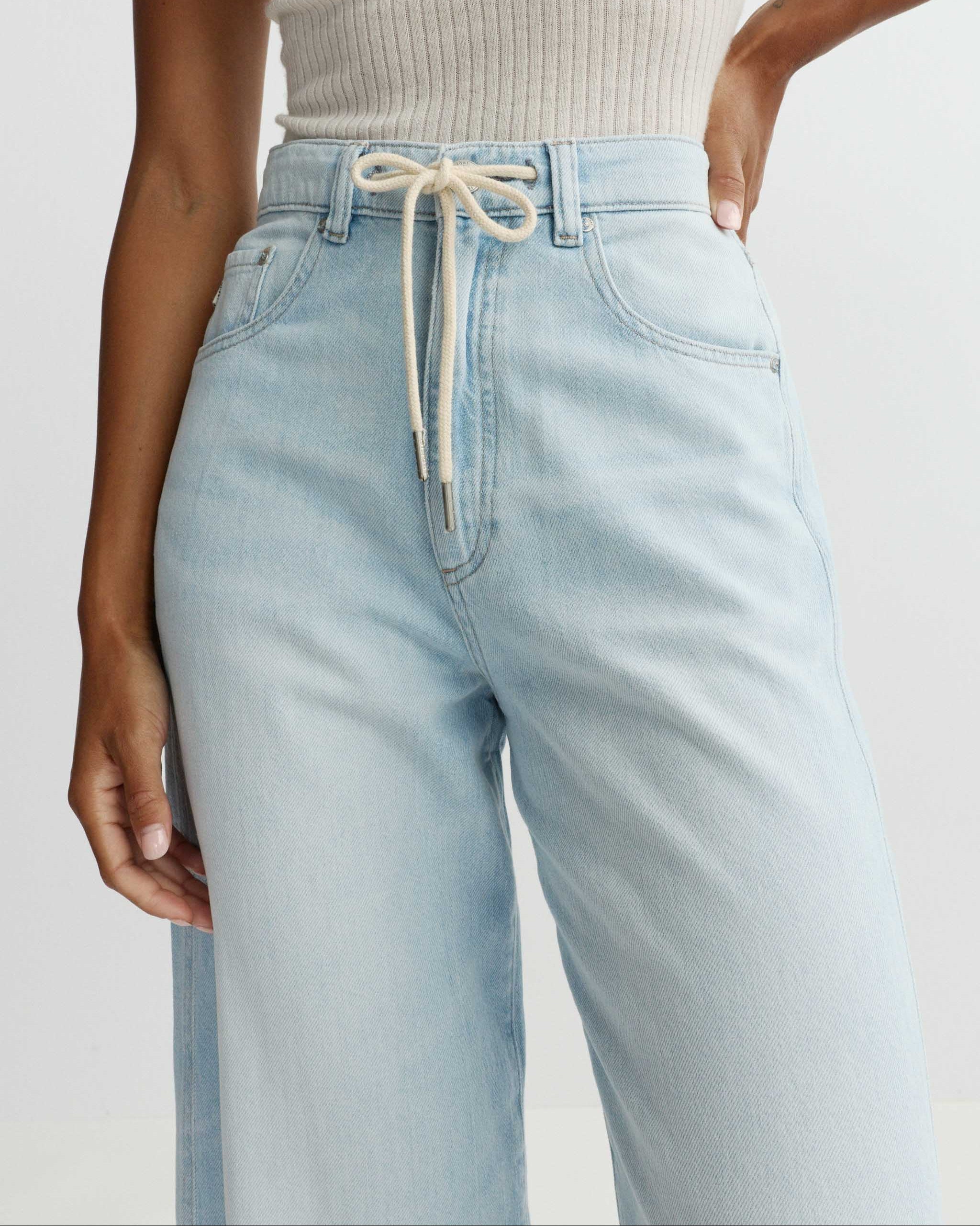 light wash barrel jean with a drawstring