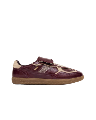 burgundy leather fashion sneaker with a fold over tongue 