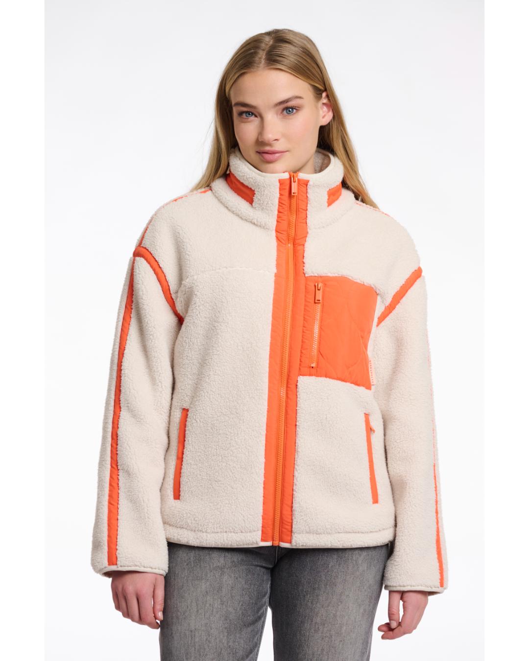 teddy zip jacket in birch and orange pocket and lining
