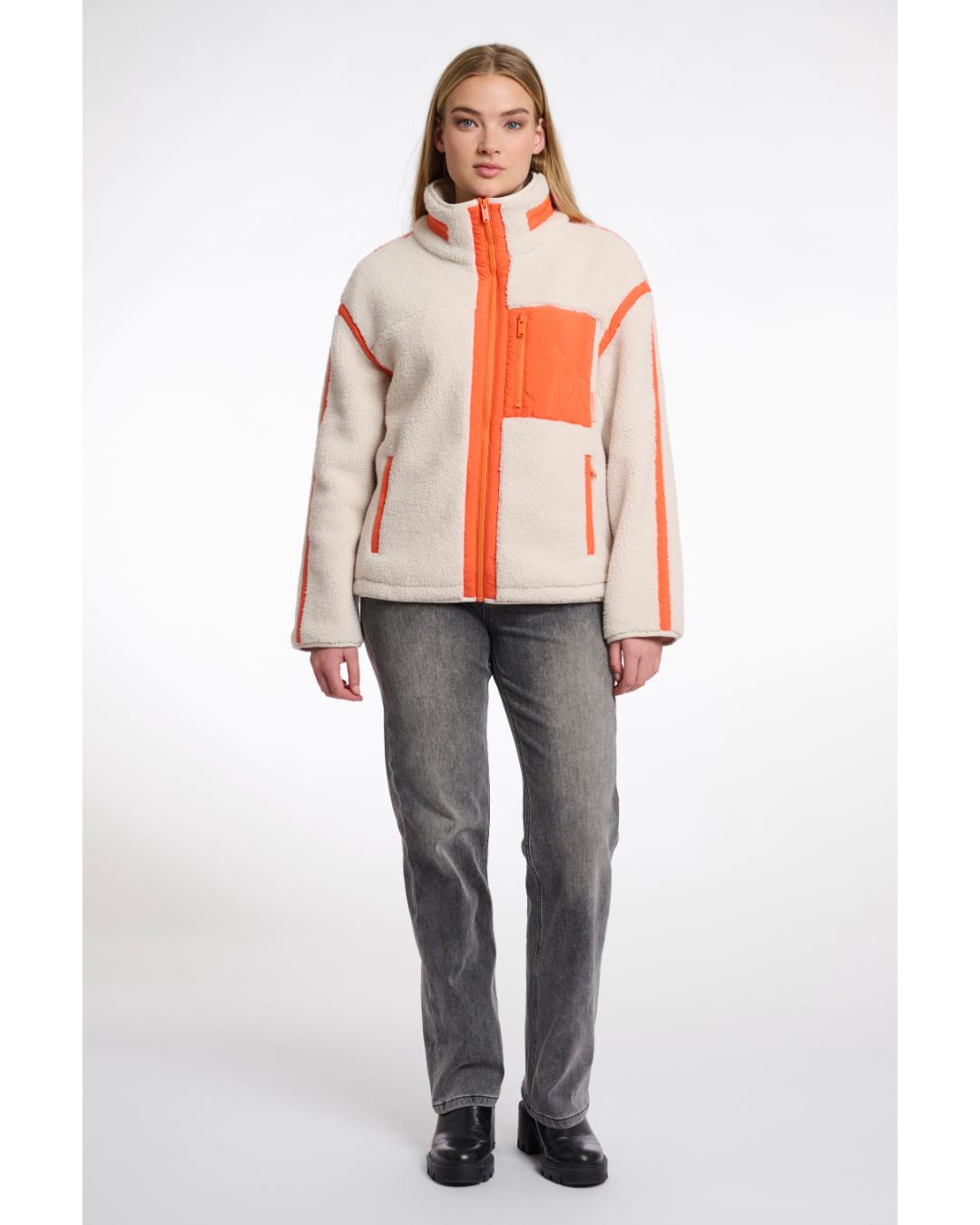 teddy zip jacket in birch and orange pocket and lining
