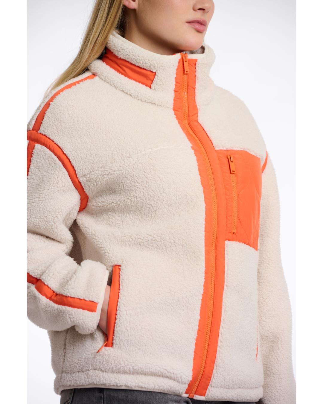 teddy zip jacket in birch and orange pocket and lining